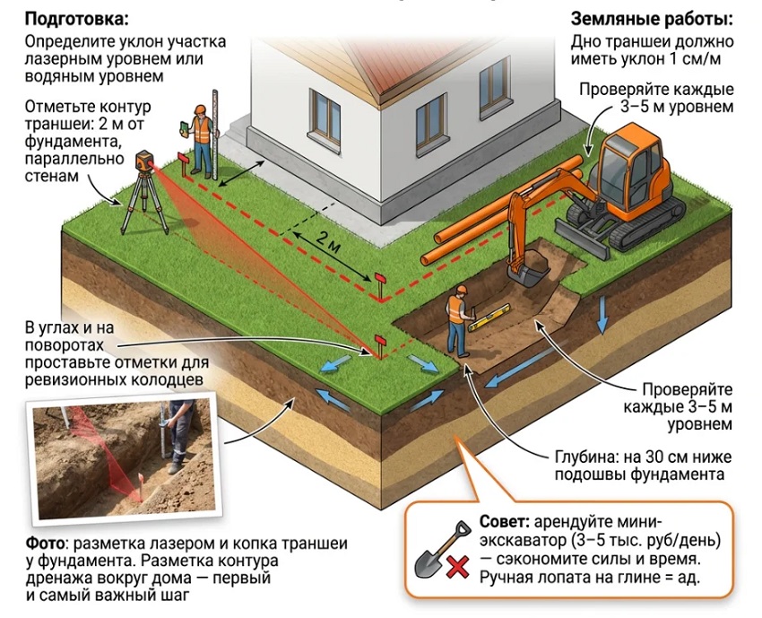 траншея для дренажа вокруг дома